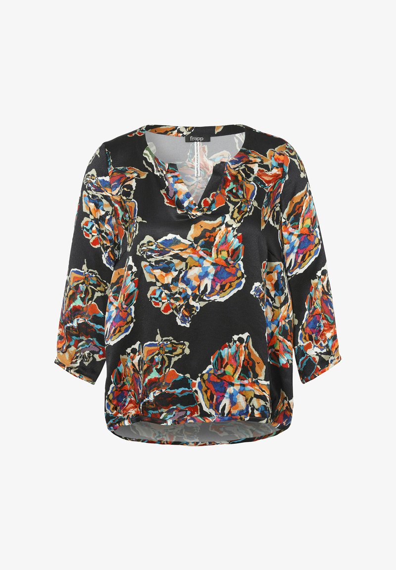 Schwarzes Oberteil mit lockerem Schnitt, verziert mit bunten Blumenmustern in Orange, Blau und Creme. Dreiviertelärmel und V-Ausschnitt.