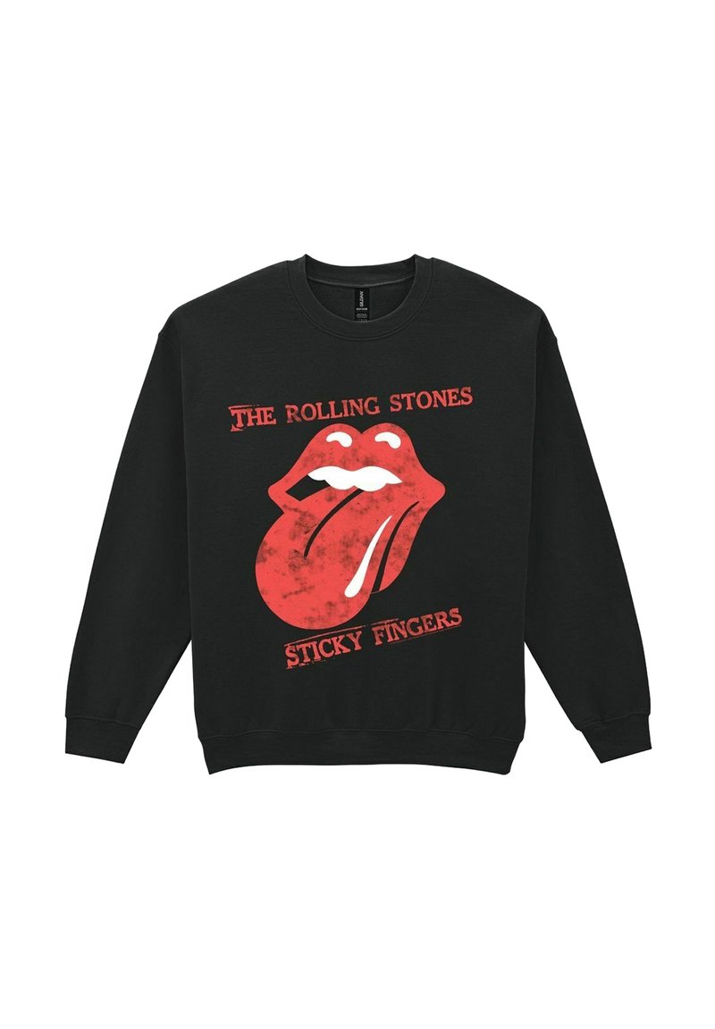 Sudadera negra con un gráfico rojo de una boca y lengua, junto con el texto "The Rolling Stones" y "Sticky Fingers" en una fuente roja en negrita.