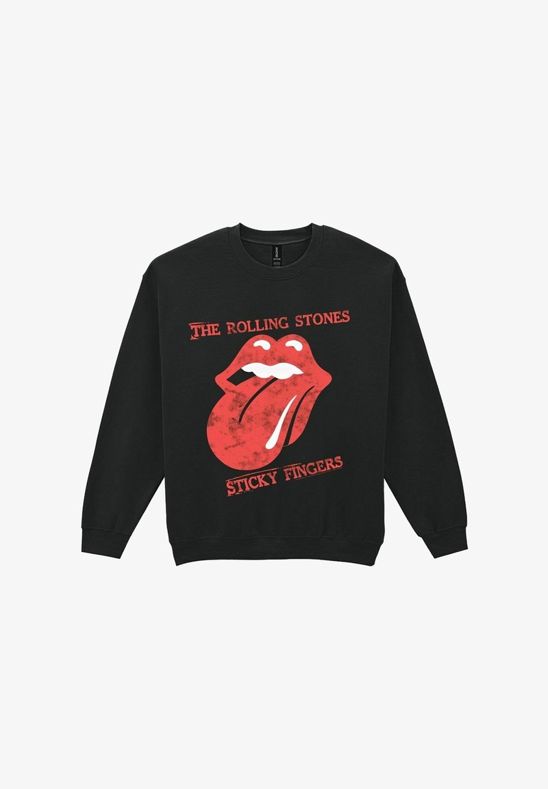 Zwarte sweatshirt met een rode grafiek van een mond en tong, vergezeld van de tekst "The Rolling Stones" en "Sticky Fingers" in vetgedrukte rode letters.