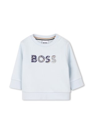 Sweatshirt bleu clair à manches longues, col rond et détails en boutons. Présente "BOSS" en motifs brodés de différentes couleurs.