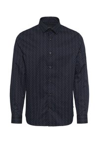 Dunkelblaues Langarmshirt mit einem Rautenmuster. Mit Button-Down-Kragen, Vorderknöpfen und Standardmanschetten. Glatte Textur, taillierte Passform.
