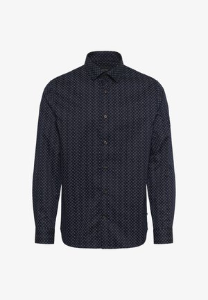 Temno modra srajca z dolgimi rokavi z vzorcem v obliki diamanta. Ovratnik na gumb, sprednji gumbi in standardni manšeti. Gladka tekstura, krojen prilega.