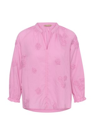 Rózsaszín hosszú ujjú pamut felső V-nyakkal, ráncolt vállakkal és azonos színű, texturált virágos hímzéssel.