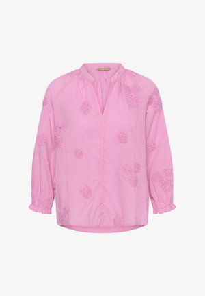 Rózsaszín hosszú ujjú pamut felső V-nyakkal, ráncolt vállakkal és azonos színű, texturált virágos hímzéssel.