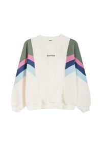 Sudadera blanca con franjas en forma de cheurón en verde, rosa, azul y azul marino en las mangas. Cuenta con cuello redondo y puños acanalados. Impresión "KAOTIKO" en el frente.