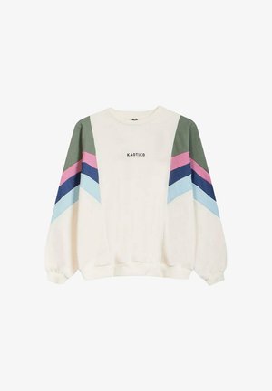 Sudadera blanca con franjas en forma de cheurón en verde, rosa, azul y azul marino en las mangas. Cuenta con cuello redondo y puños acanalados. Impresión "KAOTIKO" en el frente.