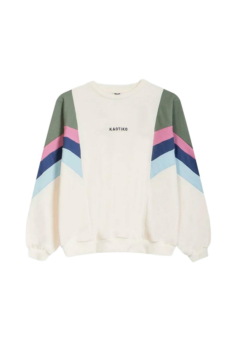 Sudadera blanca con franjas en forma de cheurón en verde, rosa, azul y azul marino en las mangas. Cuenta con cuello redondo y puños acanalados. Impresión "KAOTIKO" en el frente.