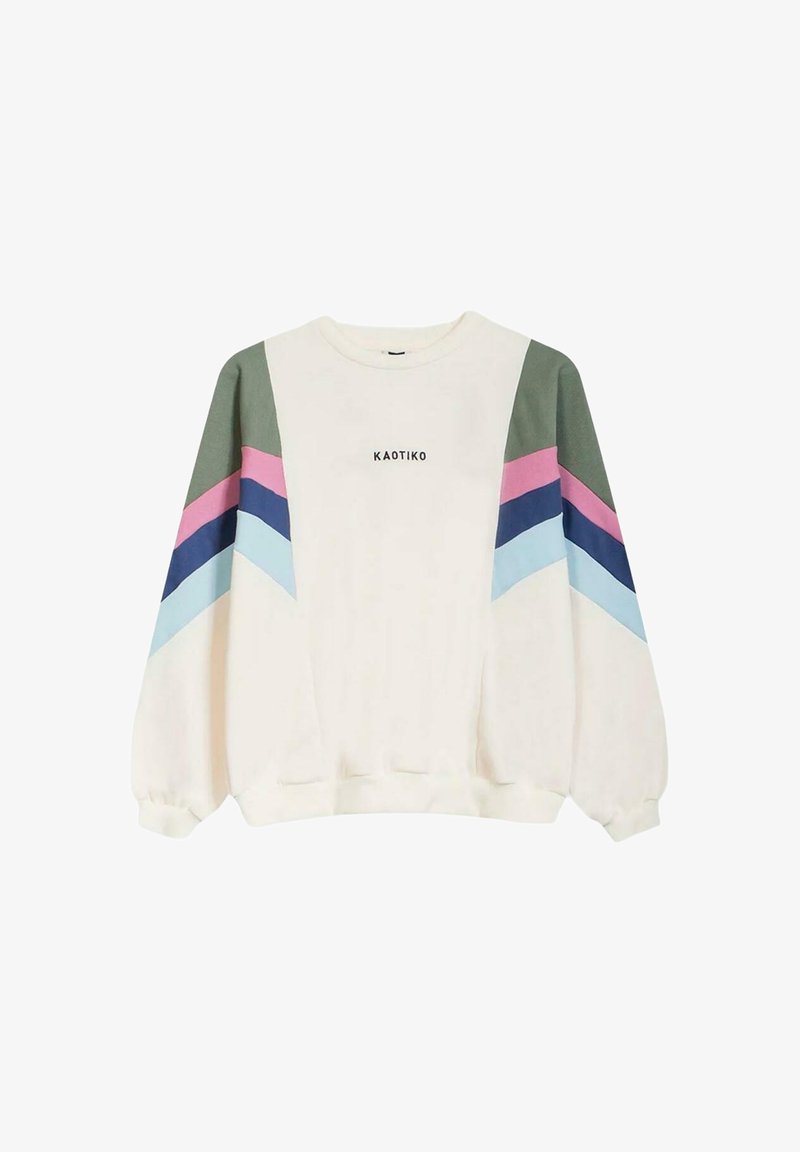 Sudadera blanca con franjas en forma de cheurón en verde, rosa, azul y azul marino en las mangas. Cuenta con cuello redondo y puños acanalados. Impresión "KAOTIKO" en el frente.
