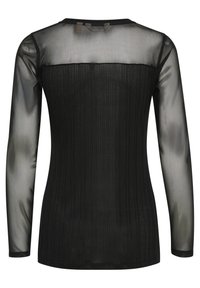 Juodas ilgomis rankovėmis viršutinis drabužis, turintis permatomą tinklelio nugarą, tekstūruotą banguotą audinį ir apvalią iškirptę su subtiliomis siūlių detalėmis.