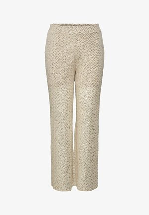 Bež hlače s bojicama i zigzag uzorkom, visokog struka i širokim nogavicama, koje imaju glatku teksturu i sjajnu površinu.