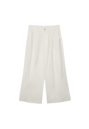 Pantalon blanc taille haute à jambes larges avec plis sur le devant, fermeture par bouton et zip, et poches latérales.