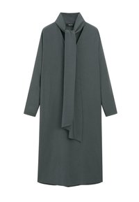 Długi, ciemnoszary płaszcz wykonany z miękkiego materiału, z szerokim kołnierzem i pasującym krawatem przy dekolcie, z długimi rękawami i prostym krojem.