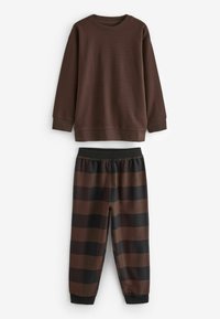 Braun strukturiertes Langarm-Sweatshirt, kombiniert mit schwarz-braun gestreiften Jogginghosen mit elastischem Bund und schmal zulaufenden Knöcheln.