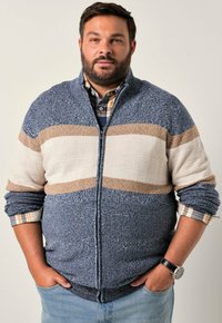 Svetr na zip v modro, krémově a hnědě zbarvených tónech. Texturovaná tkanina s vodorovnými pruhy. Kombinován s kostkovanou košilí, slim fit, ležérní design.