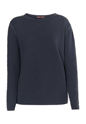 Mornarsko plava majica dugih rukava od teksturirane tkanine s okruglim izrezom i rebrastim manžetama. Sadrži suptilan uzorak po cijeloj tkanini.