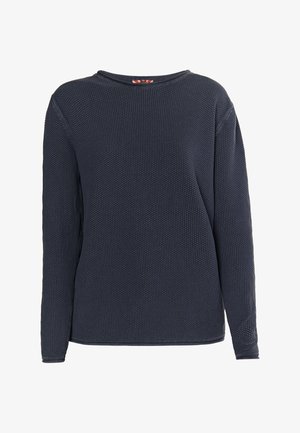 Camisa de manga larga azul marino hecha de tela texturada con cuello redondo y puños de canalé. Presenta un patrón sutil en toda la tela.