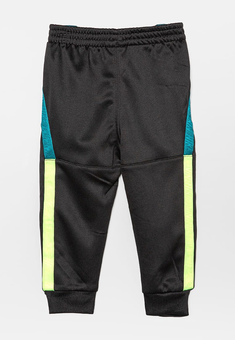 Schwarze Jogginghose für Kinder mit elastischem Bund, türkisfarbenen und neongelben Seitenstreifen sowie gerippten Knöchelabschlüssen.