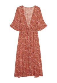 Vestido fluido hasta los tobillos en color óxido con un patrón de paisley. Presenta mangas anchas, escote en V profundo y una cinta ajustable en la cintura. Tejido ligero.