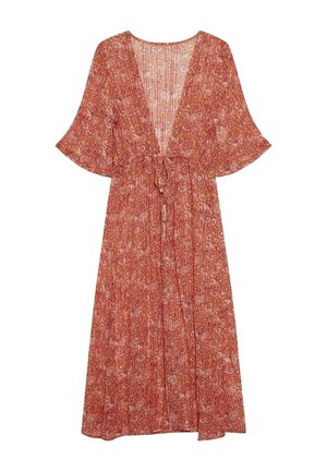 Vestido fluido hasta los tobillos en color óxido con un patrón de paisley. Presenta mangas anchas, escote en V profundo y una cinta ajustable en la cintura. Tejido ligero.