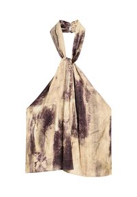 Top w stylu owijanym wykonany z lekkiego materiału, z mieszanką beżu i ciemnofioletowych abstrakcyjnych wzorów, z wiązanym dekoltem i swobodnym krojem.
