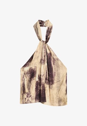 Wickel-Oberteil aus leichtem Stoff, mit einer Mischung aus beige und dunkellila abstrakten Mustern, einem geknoteten Halsausschnitt und fließendem Design.