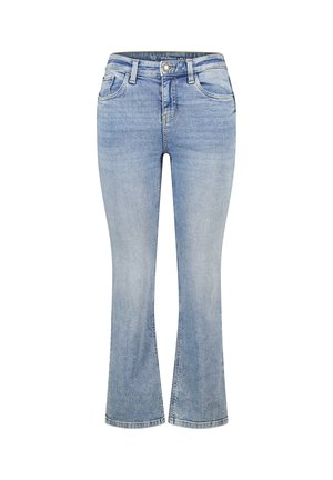 Lichtblauwe jeans met rechte pijpen, voor- en achterzakken, riemlussen en een knoop- en ritsluiting.