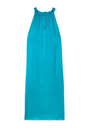 Vestido turquesa sin mangas con escote fruncido y detalle de abertura en la parte frontal, confeccionado en una tela suave y fluida.