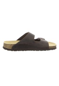 Brown leather slide sandal with a single strap featuring a metal buckle, cork footbed, and textured rubber outsole.