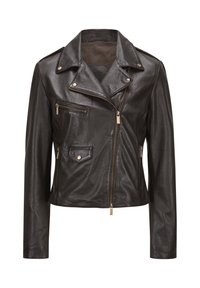 Schwarze Leder-Motorradjacke mit tailliertem Design, silbernen Reißverschlüssen und Druckknopf-Akzenten. Verfügt über einen asymmetrischen Frontreißverschluss und Taschen.