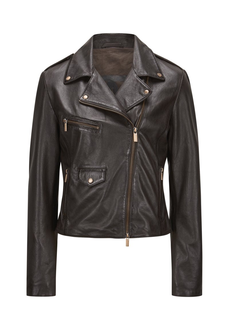 Schwarze Leder-Motorradjacke mit tailliertem Design, silbernen Reißverschlüssen und Druckknopf-Akzenten. Verfügt über einen asymmetrischen Frontreißverschluss und Taschen.