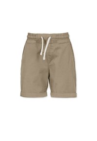 Beige shorts valmistettu kevyestä puuvillasta, jossa on joustava vyötärönyöri, käännetyt hihansuut ja sivutaskut.