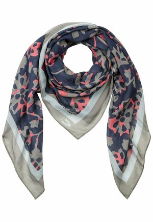 Écharpe bleu marine et gris clair avec un motif floral en gris foncé et rose. Tissu léger avec une forme triangulaire et une bordure décorative.
