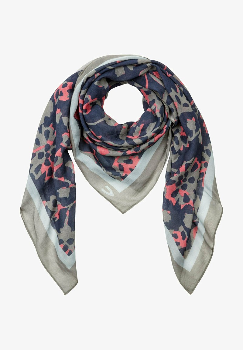 Marineblå og lysegrå tørklæde med et blomster mønster i mørkegrå og pink. Letvægtsstof med trekantet form og dekorativ kant.