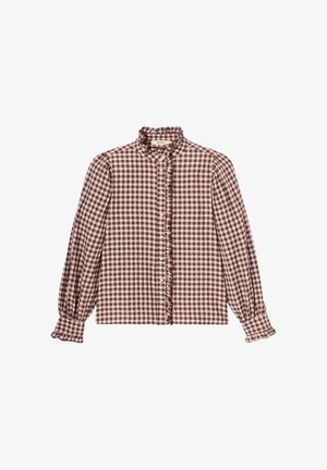 Blouse à manches longues bordeaux et blanches à carreaux, avec col à volants, patte de boutonnage et poignets à volants.