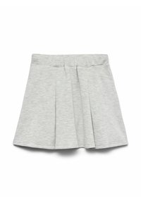 Jupe plissée grise en tissu doux et léger avec une taille élastique. Elle présente une texture lisse et un design simple.