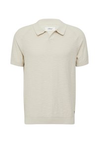 Lichtbeige poloshirt met korte mouwen van een gebreide stof. Heeft een klassieke kraag en een subtiele merketiket aan de zijkant.
