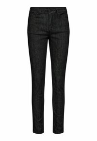 Fekete farmernadrág slim fit szabással, öt zsebes kivitelben és finom textúrával. Cipzáros és gombos záródással a deréknál.
