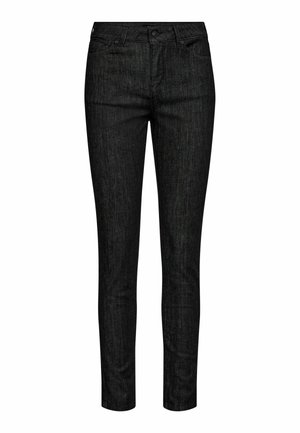 Juodi džinsai su siauru kirpimu, penkių kišenių dizainu ir subtilia tekstūra. Yra užtrauktukas ir sagčių uždarymas liestyje.