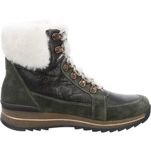 Donkergroene winterlaars met een witte bontkraag, metalen oogjes, witte veters en een geribbelde zool, geschikt voor gebruik buitenshuis bij koud weer.