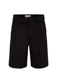Pantaloni corti neri realizzati in tessuto morbido, con frontale piatto, passanti per cintura e due tasche laterali. Dettaglio logo discreto sulla parte anteriore.