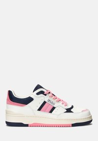 White sneakers with navy and pink accents, featuring a smooth leather upper, perforated detailing, padded collar, and rubber sole.