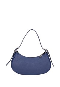 Borsa a mano in pelle blu con una forma curvata, superficie texturizzata e una sola tracolla. Presenta una chiusura con zip e accenti metallici.
