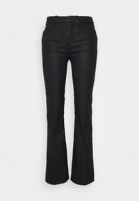 Svarta utsvängda byxor i slätt tyg, med midjeband, bältesöglor och framfickor. Platt framsida och avsmalnande ben.