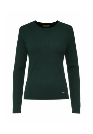 Ciemnozielony sweter z długim rękawem, prążkowany, z okrągłym dekoltem i małym złotym logo w pobliżu dolnej krawędzi.