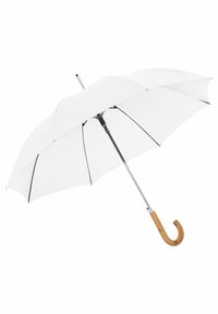 Witte paraplu met een gebogen houten handvat, metalen spijlen en zwarte accenten, met een gladde canopy-oppervlakte en een klassiek ontwerp.