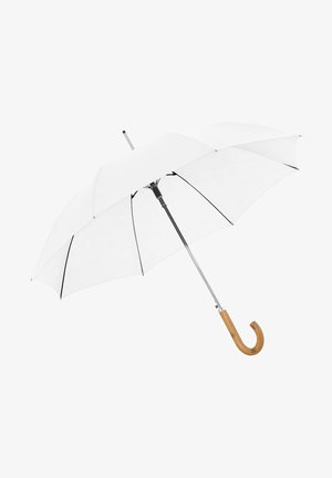 Parapluie blanc avec une poignée en bois courbée, des baleines en métal et des accents noirs, présentant une surface de toile lisse et un design classique.
