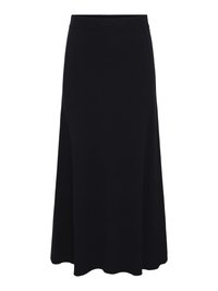 Jupe midi noire en A, fabriquée dans un matériau flexible. Dotée d'une taille ajustée et d'un ourlet festonné, elle offre une silhouette fluide.