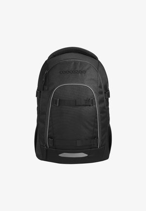 Zaino nero realizzato in tessuto resistente, con più cinghie, una tasca frontale con zip e dettagli riflettenti per la visibilità.