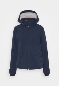 Námořnická modrá bunda se zipem vpředu, nastavitelnou kapucí a elastickými manžetami. Obsahuje dvě boční kapsy a hladký, vodoodpudivý materiál.