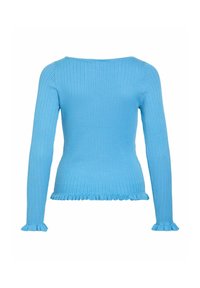 Pull bleu clair à côtes avec manches longues et ourlets à volants aux manches et au bas, vu de dos sur fond blanc.